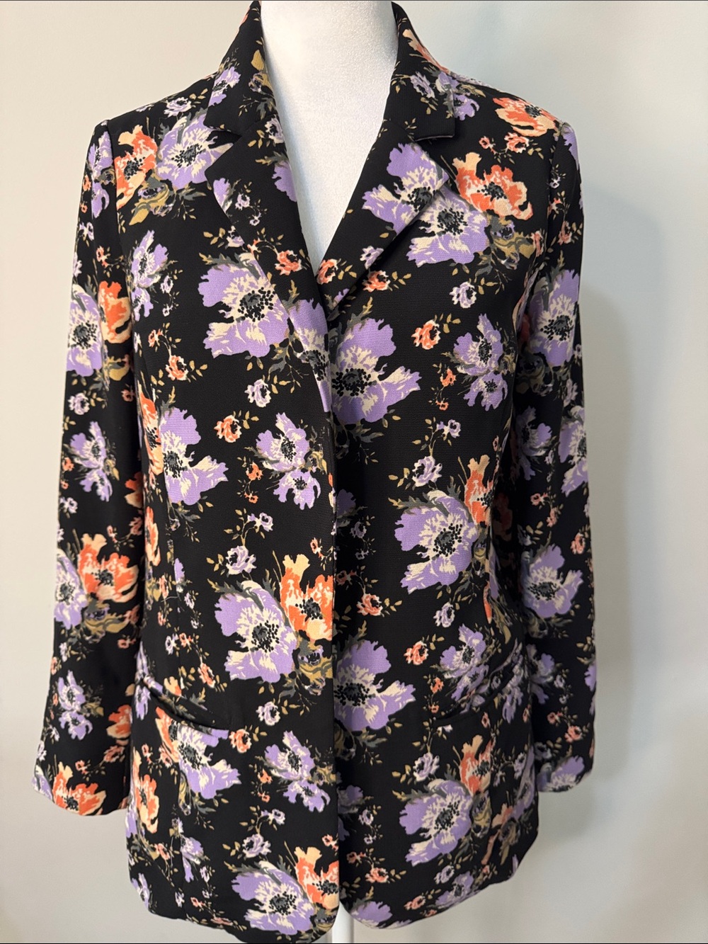 Kimchi Blue Black Floral Notch Collar Blazer with Lavender & Coral